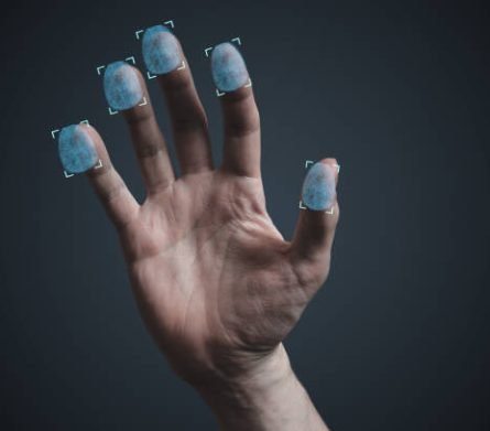 Scanning fingerprints from hand. Security and biometric concept.