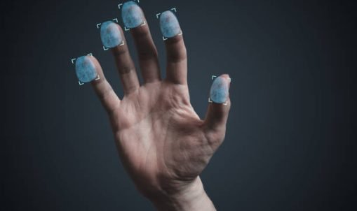 Scanning fingerprints from hand. Security and biometric concept.
